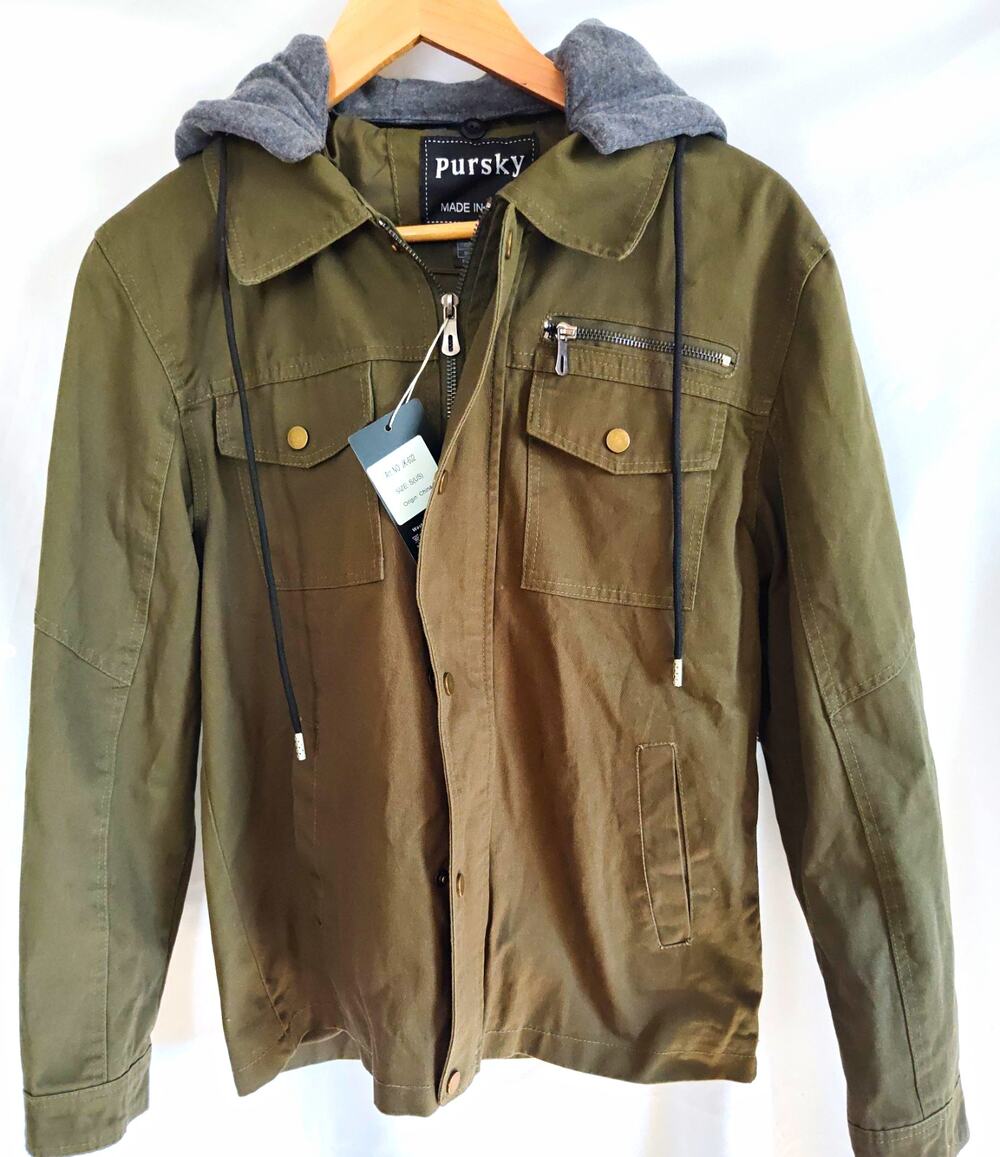 Pursky Men's Hooded Military Jacket Green Full Zip Button Closure Size S